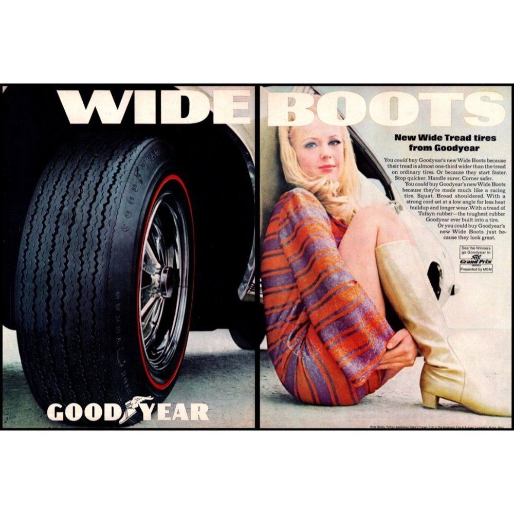 1967 Goodyear Tires Wide Boots Red Stripe 2 Page Vintage Print Ad 60s Wall Art